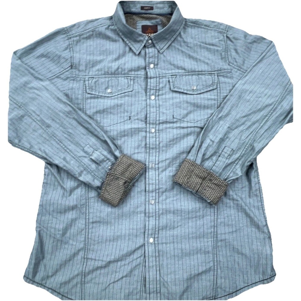 Prana Shirt Men Large Gray Button Up Slim Fit Dress Flip Cuff Pockets Adult